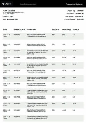 Nigeria Chipper transaction statement Word and PDF template