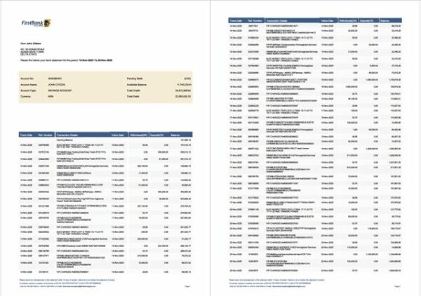 Nigeria First Bank account statement Word and PDF template, 2 pages
