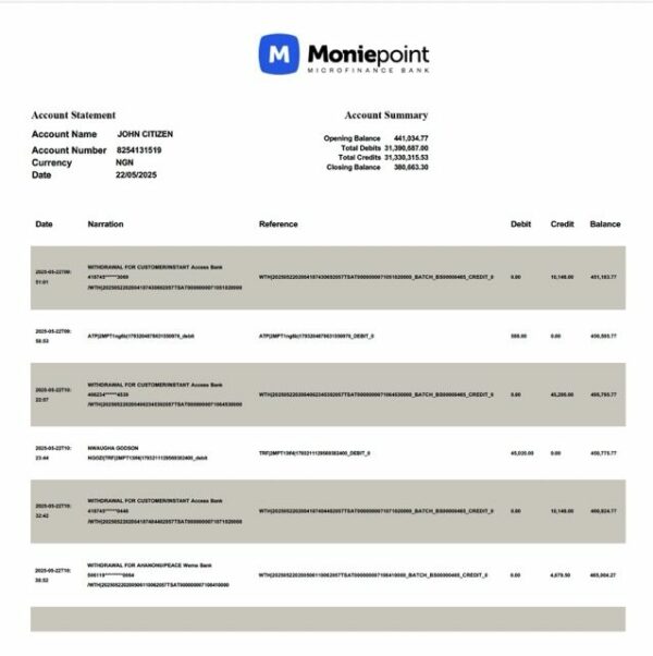 Nigeria Moniepoint Microfinance Bank account statement Word and PDF template