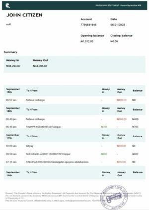 Nigeria Raven Bank statement Word and PDF template