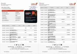 Nigeria United Bank for Africa bank statement Word and PDF template, 2 pages