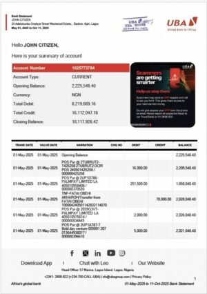 Nigeria United Bank for Africa bank statement Word and PDF template