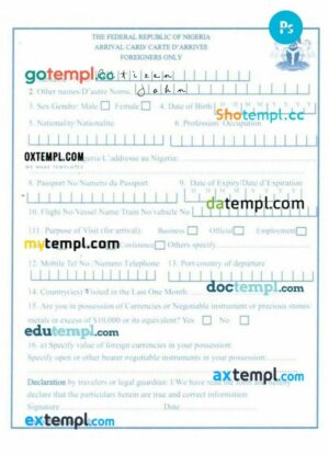 Nigeria arrival card foreigners only template in PSD format