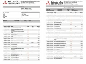 Oman Bank Muscat statement of account Word and PDF template, 2 pages