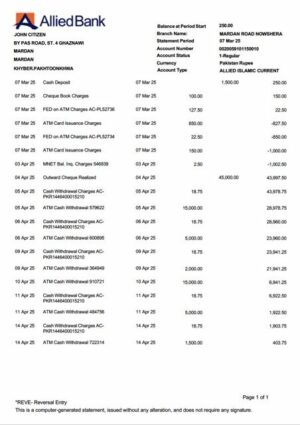 Pakistan Allied Bank Limited account statement Word and PDF template