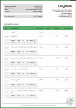 Pakistan Easypaisa statement of account Word and PDF template