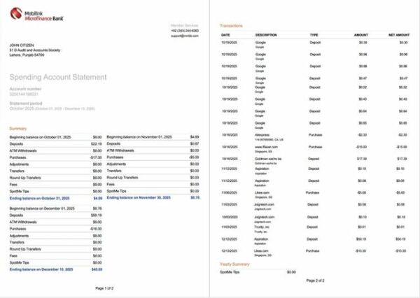 Pakistan Mobilink Microfinance Bank statement of account Word and PDF template, 2 pages, version 2