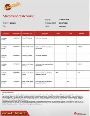 Pakistan Mobilink Microfinance Bank statement of account Word and PDF template, version 2
