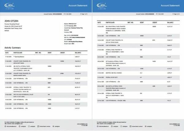 Pakistan United Bank Limited account statement Word and PDF template, 2 pages