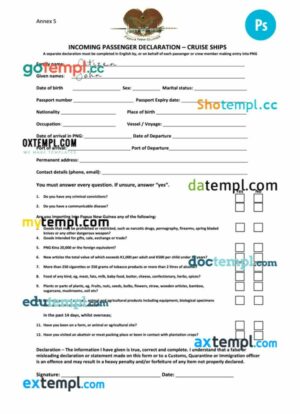 Papua New Guinea arrival card template in PSD format