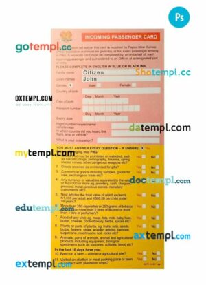 Papua New Guinea passenger arrival card template in PSD format