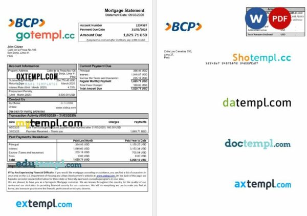 Peru Banco de Credito (BCP) mortgage statement in Word and PDF formats