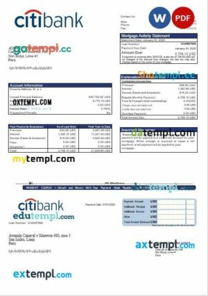 Peru Citibank mortgage statement in Word and PDF formats