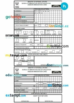 Peru arrival card template in PSD format