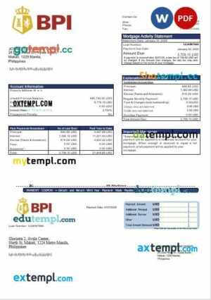 Philippine Bank of The Philippine Islands mortgage statement in Word and PDF formats