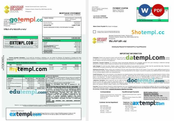 Philippines Al-Amanah Islamic Investment bank mortgage statement in Word and PDF formats