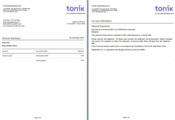 Philippines Tonik Digital Bank Inc. consolidated statement Word and PDF template, 2 pages