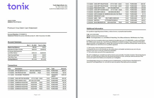 Philippines Tonik bank Premium Visa Debit Card statement Word and PDF template, 2 pages