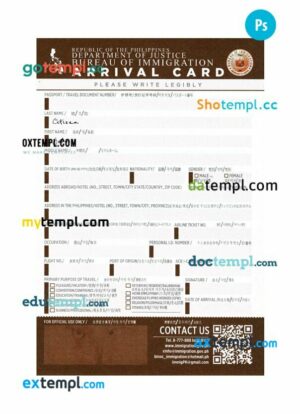 Philippines arrival card template in PSD format