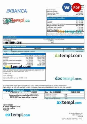 Portugal Abanca mortgage statement in Word and PDF formats