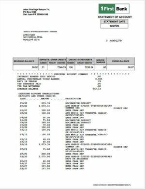 Puerto Rico 1 First Bank statement of account Word and PDF template