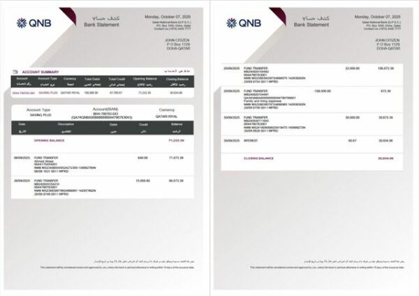 Qatar QNB Bank statement Word and PDF template, 2 pages