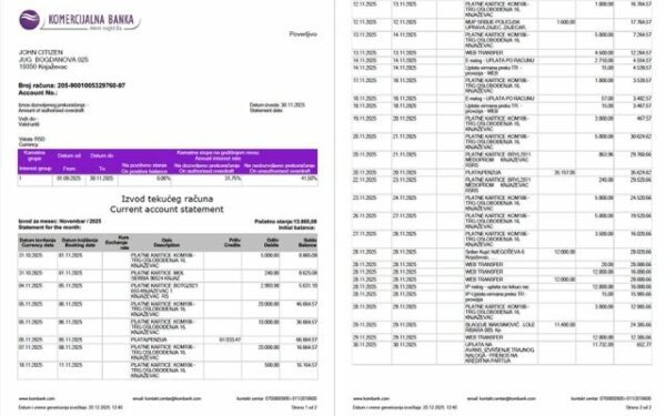 Serbia Komercijalna Banka account statement Word and PDF template, 2 pages