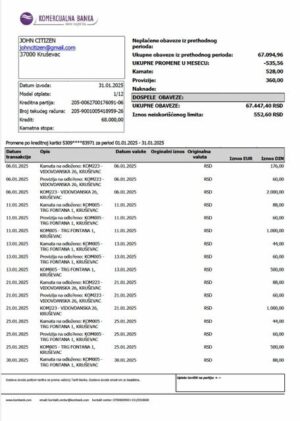 Serbia Komercijalna Banka account statement Word and PDF template