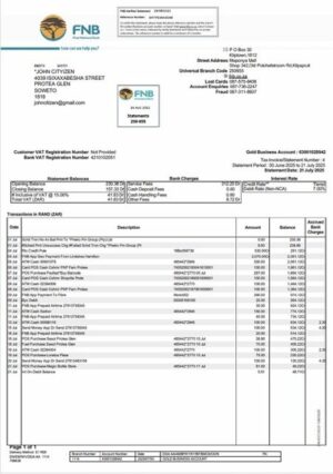 South Africa FNB bank statement Word and PDF template