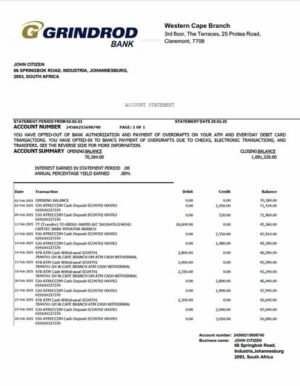 South Africa Grindrod Bank account statement Word and PDF template