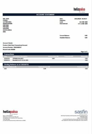 South Africa Hellopaisa account statement Word and PDF template