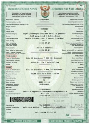 South Africa motor vehicle registration certificate in PSD format