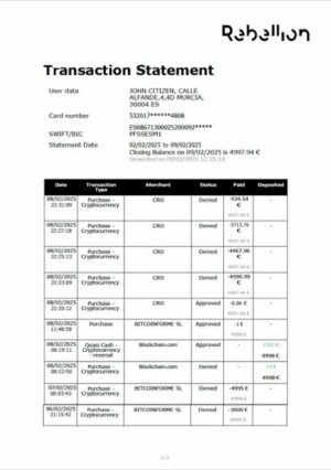 Spain Rebellion Pay transaction statement Word and PDF template