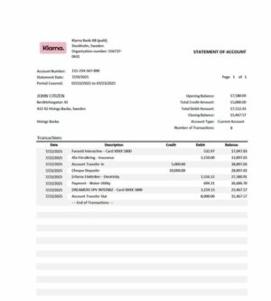 Sweden Klarna Bank statement of account Word and PDF template