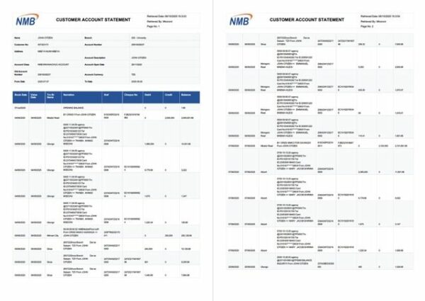 Tanzania NMB Bank account statement Word and PDF template, 2 pages