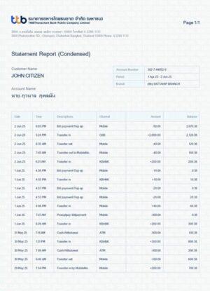 Thailand TMBThanachart Bank statement report Word and PDF template