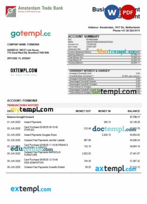 Trade Bank business account statement Word and PDF template