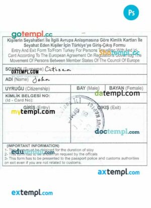 Turkey arrival card template in PSD format