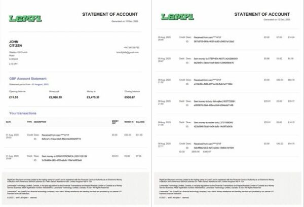 UK Lemfi account statement Word and PDF template, 2 pages