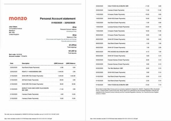 UK Monzo Bank account statement Word and PDF template, 2 pages
