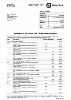 UK Ulster Bank statement Word and PDF template