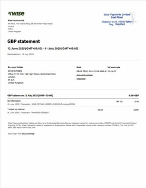 UK Wise Payments account statement Word and PDF template