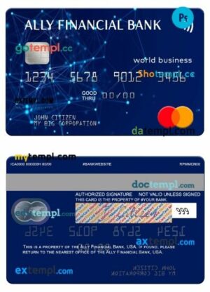 USA Ally Financial Bank world business mastercard template in PSD format