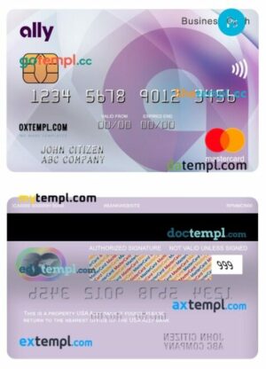 USA Ally bank business cash mastercard template in PSD format