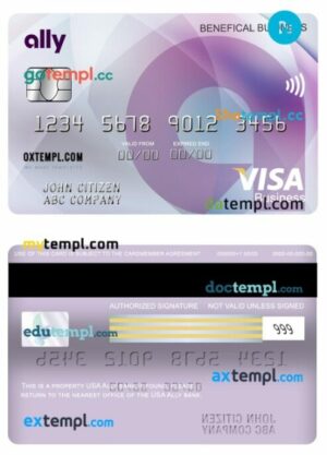 USA Ally bank visa benefical business card template in PSD format