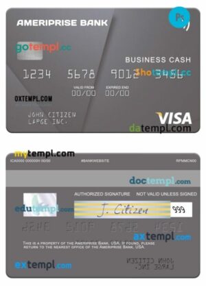 USA Ameriprise Bank visa business cash card template in PSD format