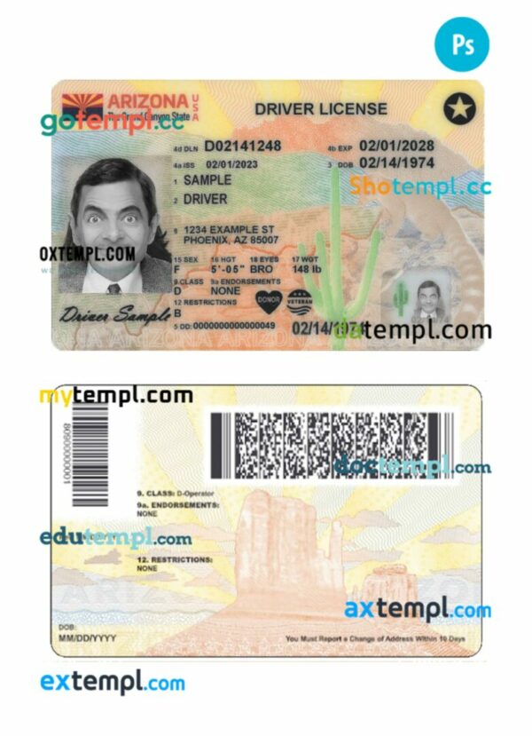 USA Arizona driving license PSD editable template, 2023-present