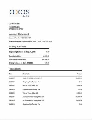 USA Axos Bank account statement Word and PDF template