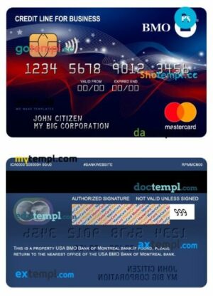 USA BMO Bank of Montreal bank credit line for business mastercard template in PSD format