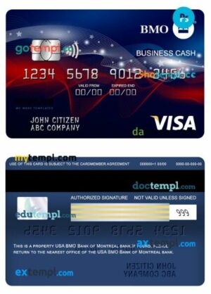 USA BMO Bank of Montreal bank visa business cash card template in PSD format